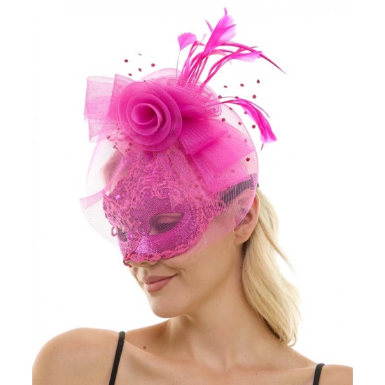 Hot Pink Lace Mask with Rose and Feathers