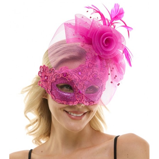 Hot Pink Lace Mask with Rose and Feathers
