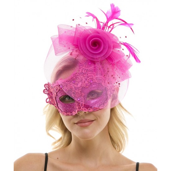 Hot Pink Lace Mask with Rose and Feathers