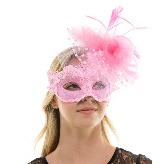 Pink Lace Mask with Rose and Feathers