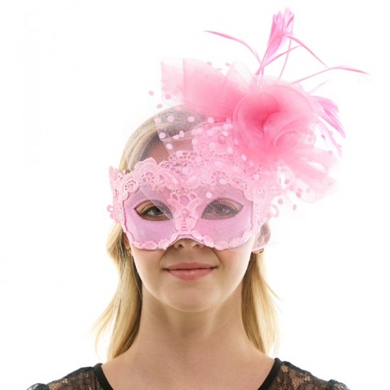 Pink Lace Mask with Rose and Feathers