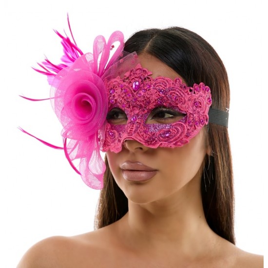 Hot Pink Lace Mask with Rose and Feathers