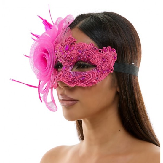 Hot Pink Lace Mask with Rose and Feathers