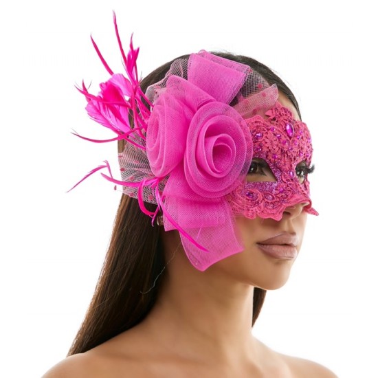 Hot Pink Lace Mask with Rose and Feathers