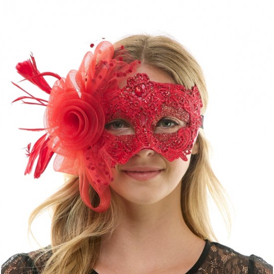 Red Lace Mask with Rose and Feathers