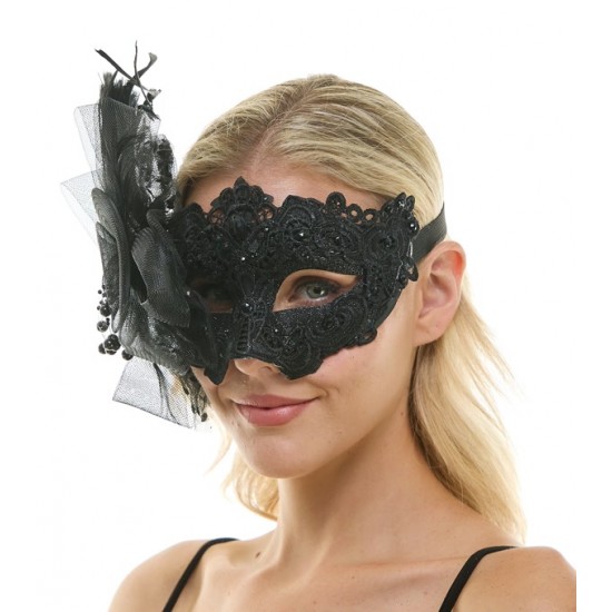 Black Lace Mask with Feathers