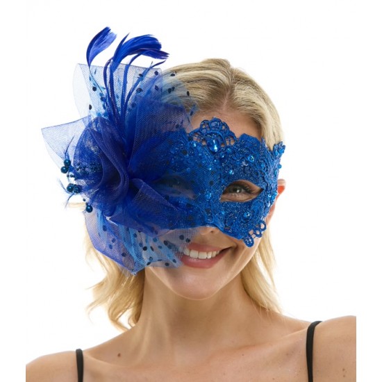 Blue Lace Mask with Feathers