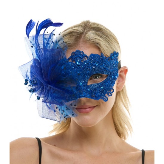 Blue Lace Mask with Feathers