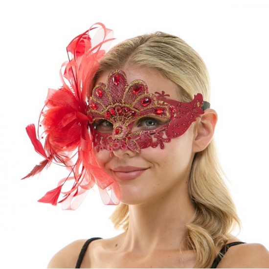 Red Lace Mask with Feathers
