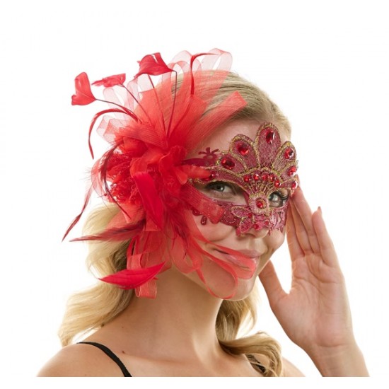 Red Lace Mask with Feathers