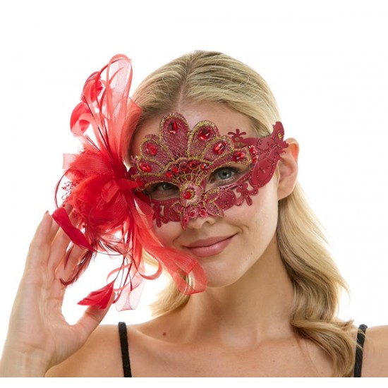 Red Lace Mask with Feathers