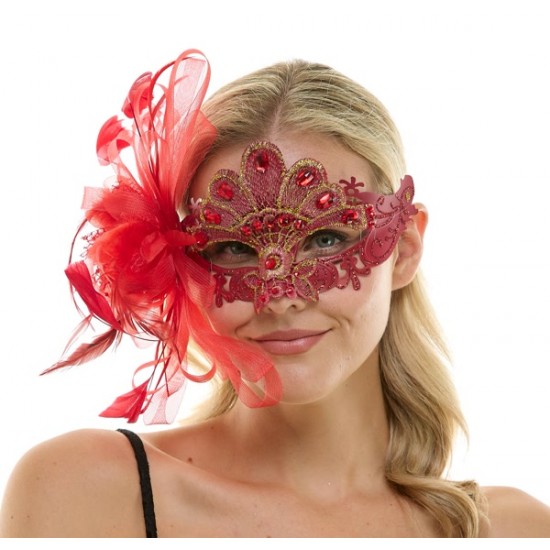 Red Lace Mask with Feathers