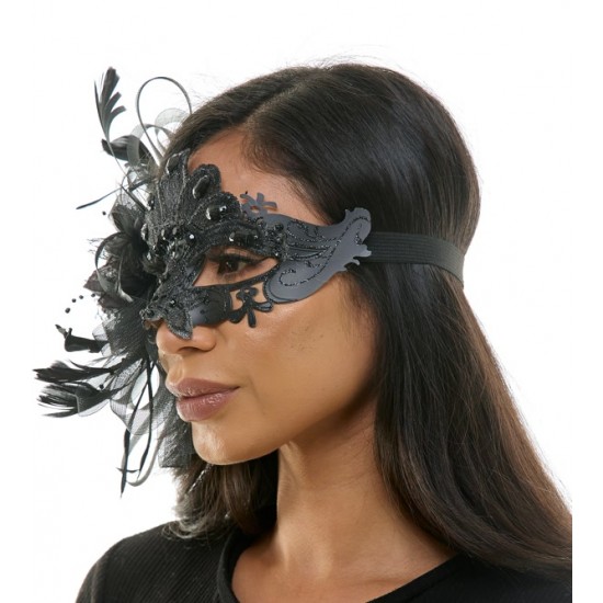 Black Lace Mask with Feathers