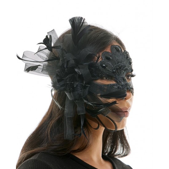 Black Lace Mask with Feathers