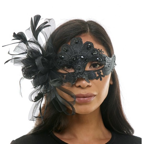 Black Lace Mask with Feathers