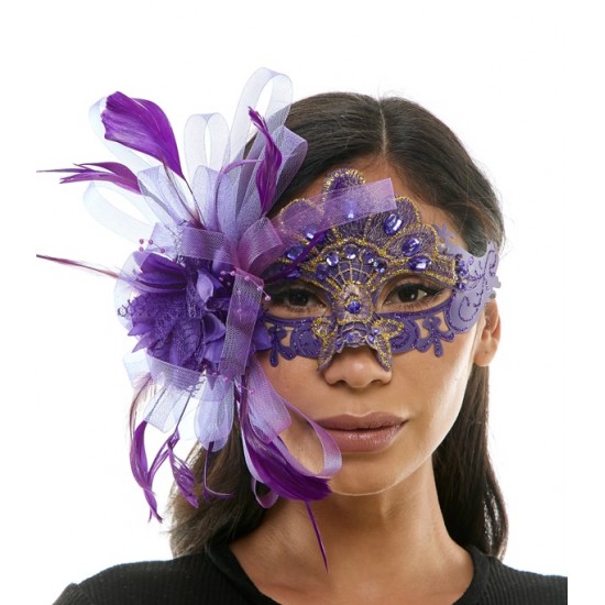 Purple Lace Mask with Feathers