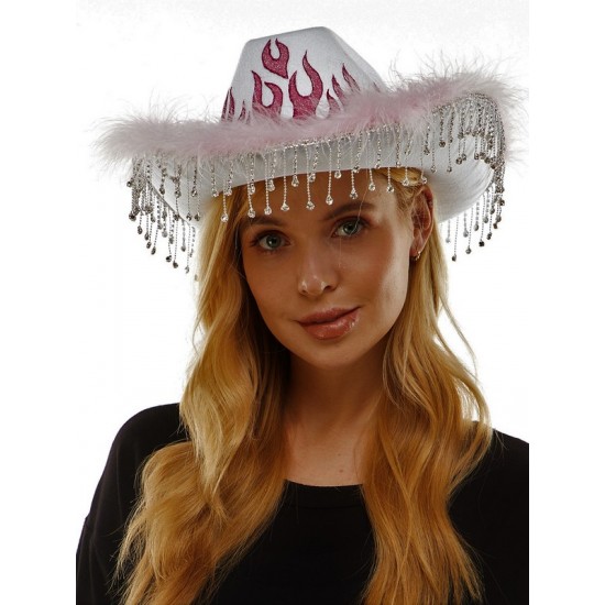 White Flame Cowboy Hat With Fringe
