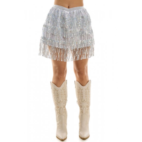 Silver Sequin Fringe Skirt - L/XL