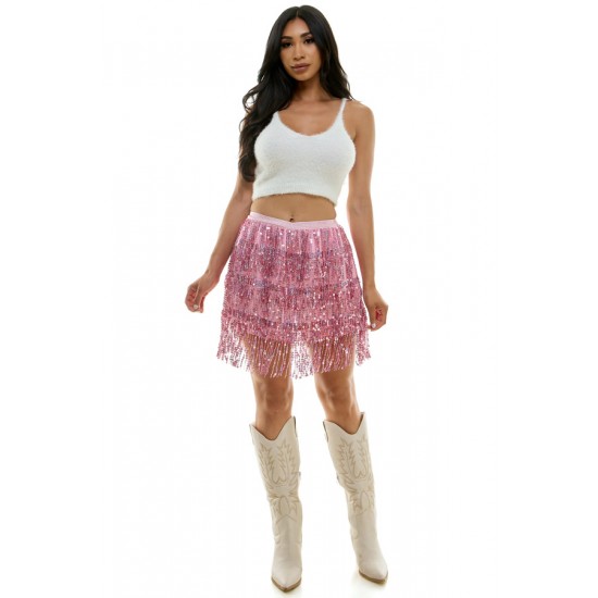 Pink Sequin Fringe Skirt - L/XL