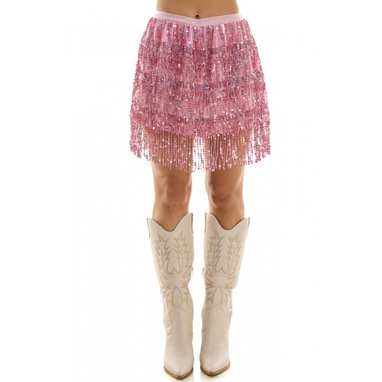 Pink Sequin Fringe Skirt - S/M