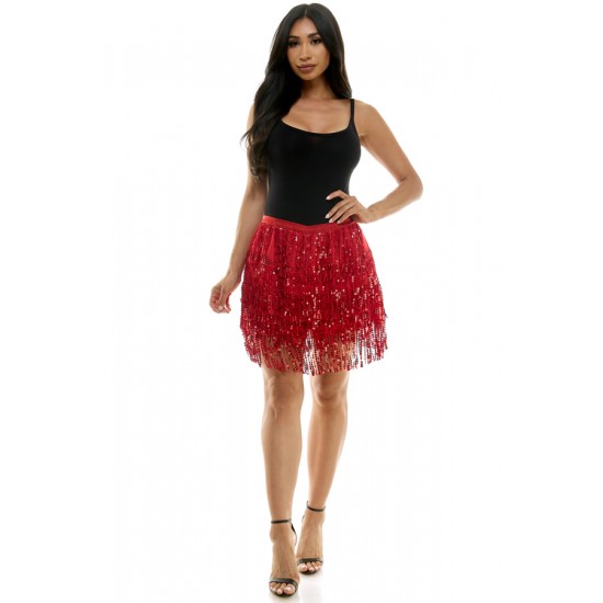 Red Sequin Fringe Skirt - L/XL