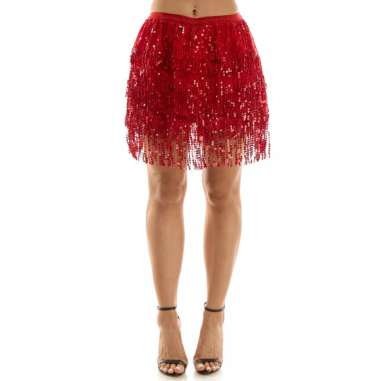 Red Sequin Fringe Skirt - S/M