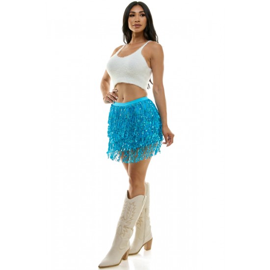 Turquoise Sequin Fringe Skirt - S/M