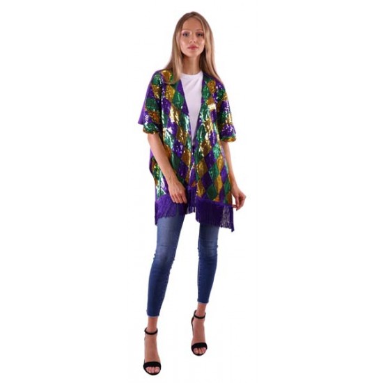 Mardi Gras Harlequin Fringe Poncho - Large