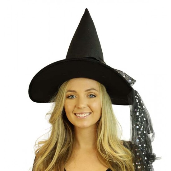 Black Witch Hat With Sparkle Veil Black Witch Hat With Sparkle Veil