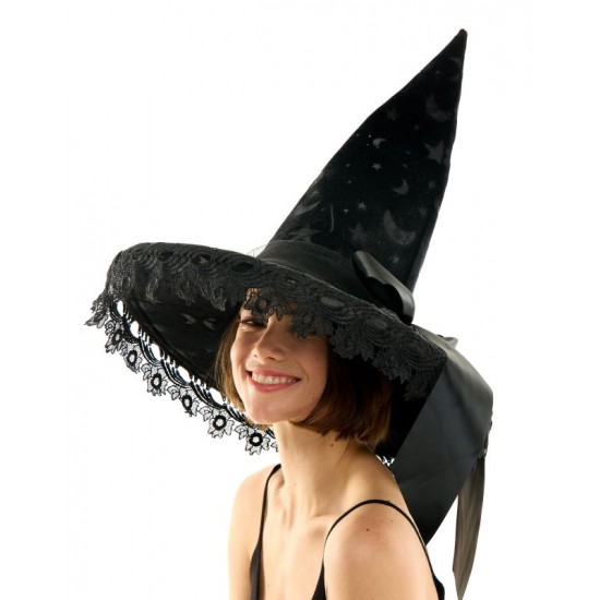 Black Witch Hat with Lace Trim & Bow Black Witch Hat with Lace Trim & Bow
