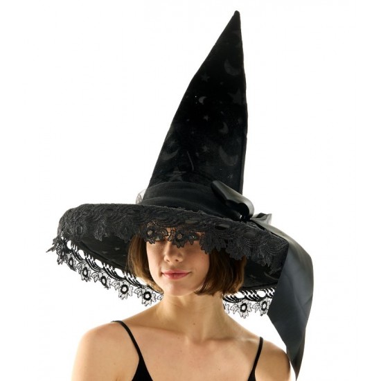 Black Witch Hat with Lace Trim & Bow Black Witch Hat with Lace Trim & Bow